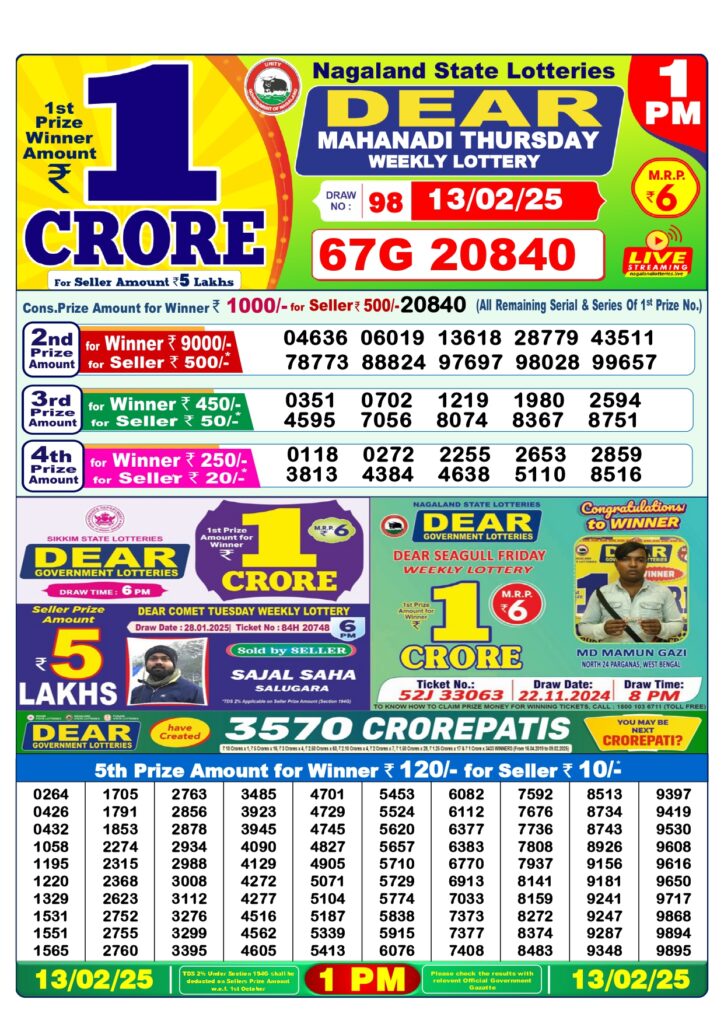 dear lottery result today 1pm 13.02.2025