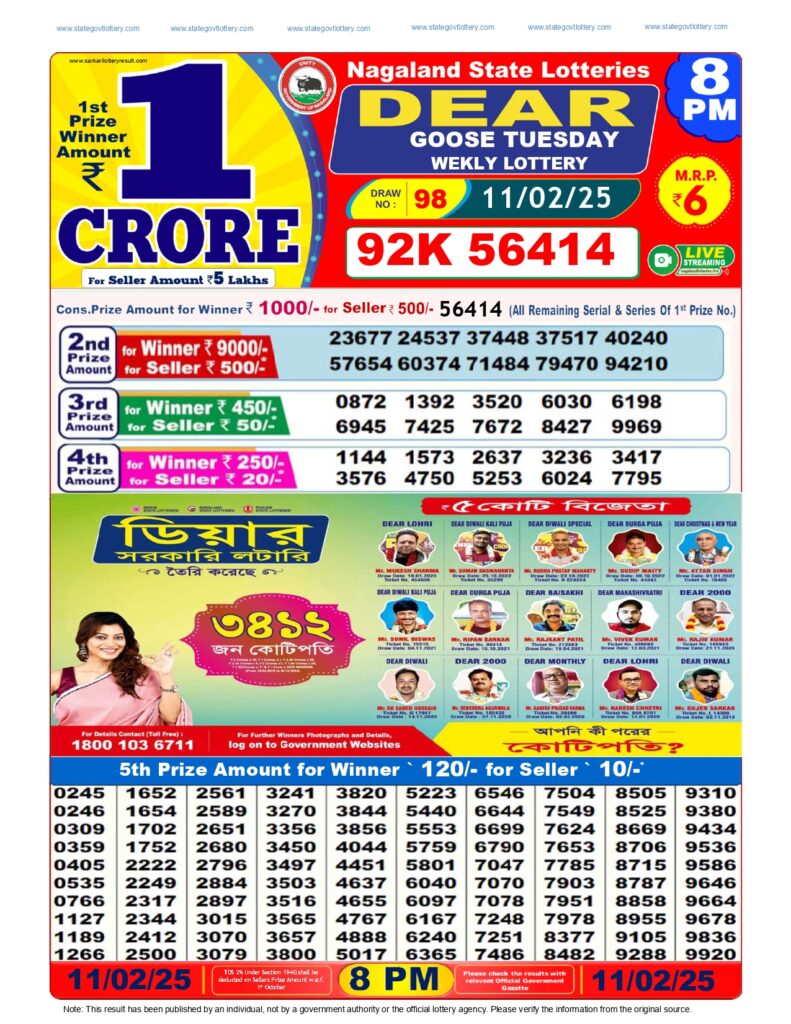 dear lottery result today 8pm
